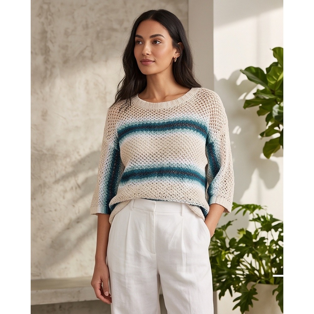 J. Jill M Linen Cotton Open Stitch Striped Sweater Blue Cream Medium